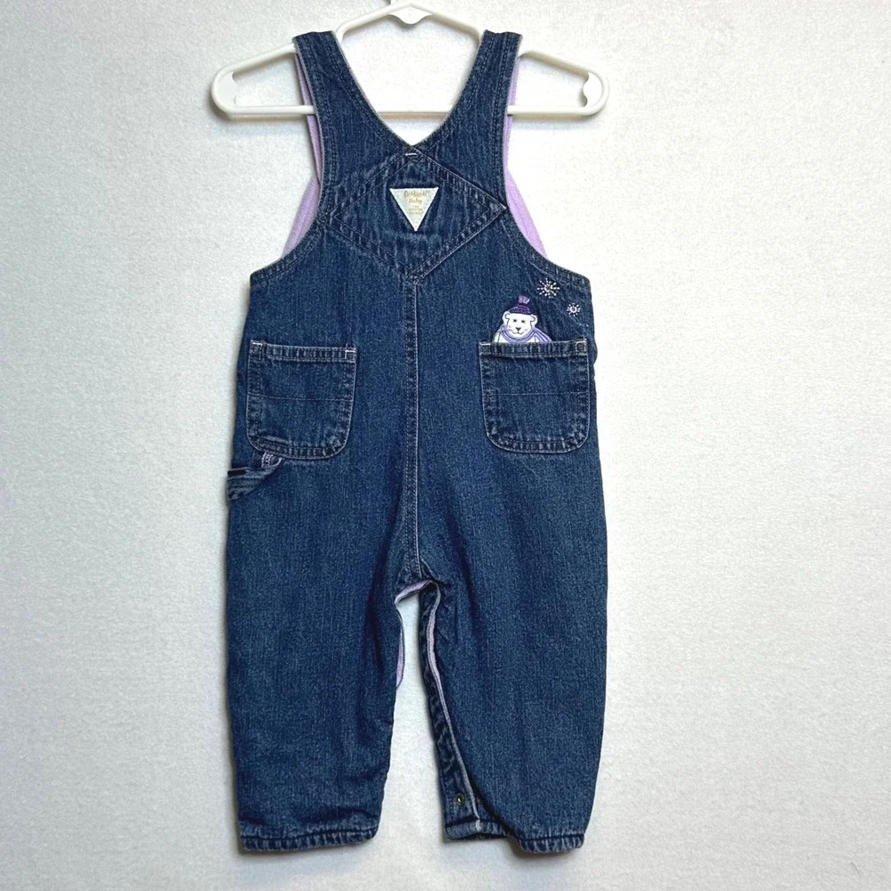 OshKosh Denim Overalls Girls 6-9M Blue Fleece Lined Polar Bear Winter Dungarees